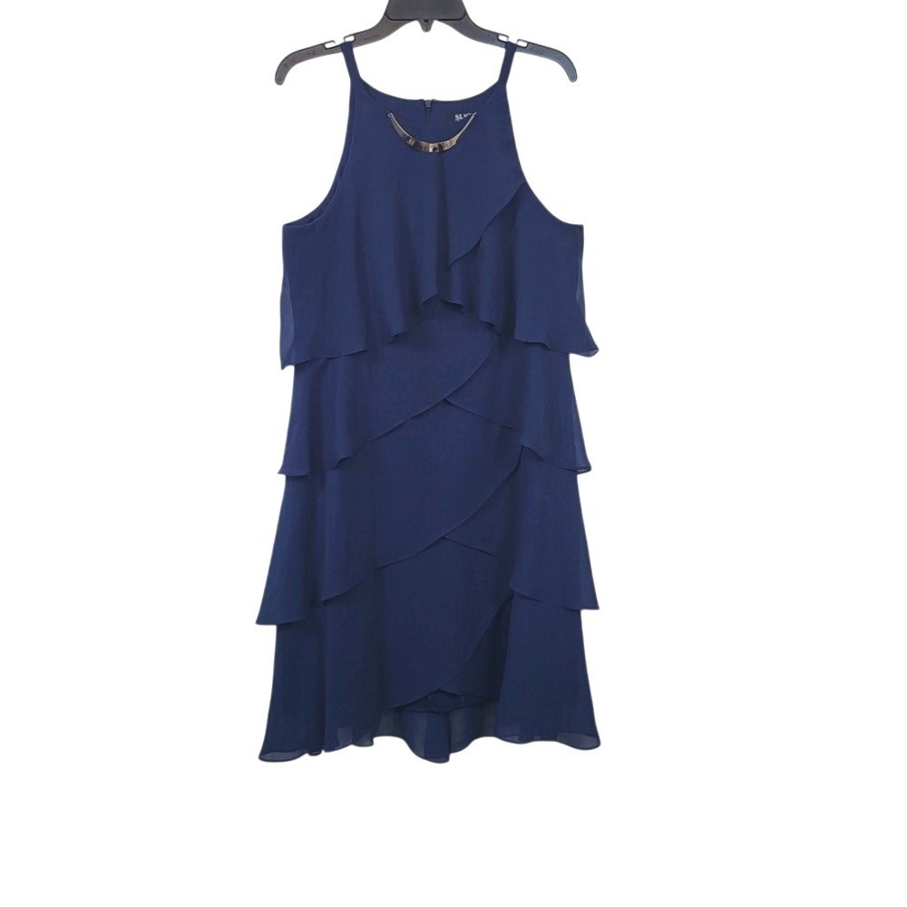 SLNY Women Navy Sleeveless Chiffon Tulip Tiered HighLow Cocktail Formal Dress 16